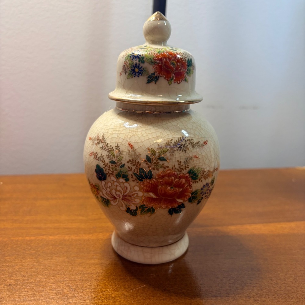 Vintage Crackle Glaze Ginger Jar Floral Porcelain Urn Lidded Vase Gold Trim 6.5"